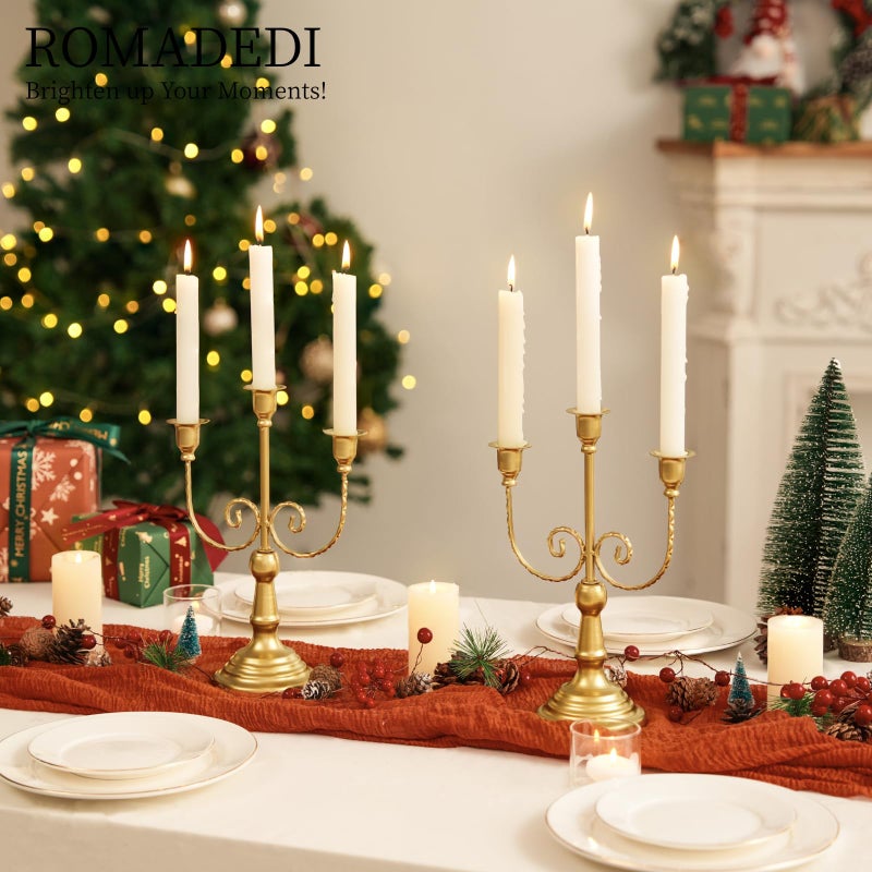 Romadedi Candelabra Gold Candle Holders - 3 Arm 11.8" Wedding Candlestick Holder for Theme Party Table Centerpiece Decor Dining Room Birthday Holiday Christmas, Set of 2 - Image 2