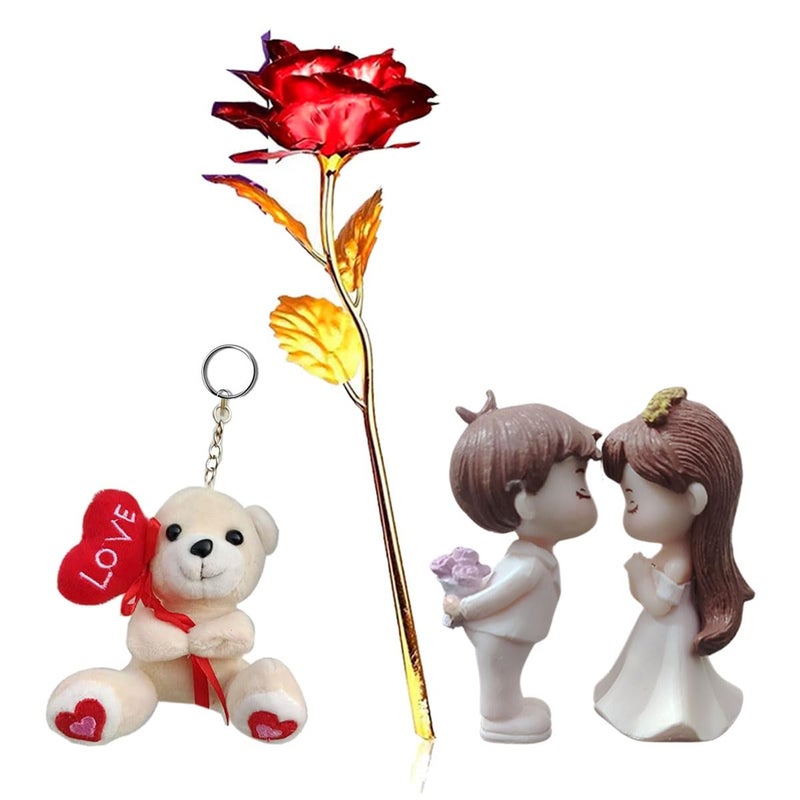 Saugat Traders Valentines Gift for Girlfriend, Boyfriend - Golden Red Rose, Love Couple Showpiece, Teddy Bear Keychain - Anniversary - Rose Day - Romantic - Proposal Gifts - Image 1