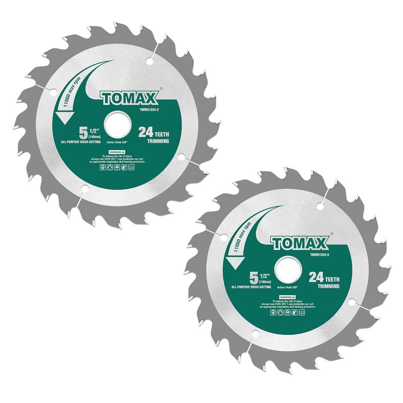 TOMAX 2 Pack 5-1/2 Inch 24 Tooth ATB General Purpose and Trimming Saw Blade, Cordless Trim Saw Blade with 5/8-Inch Arbor (1/2-Inch and 10-mm Reducer Bushings Include) - Image 1