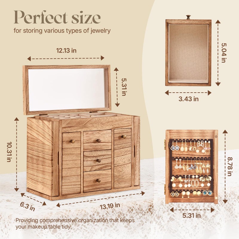 Poyilooo Jewelry Box Organizer, Solid Wood Jewelry Boxes fow Women with Mirror, Large Jewelry Organizer Box Display Earring Necklace Bracelet Ring, Rustic Style Small Jewelry Box for Girls - Image 2