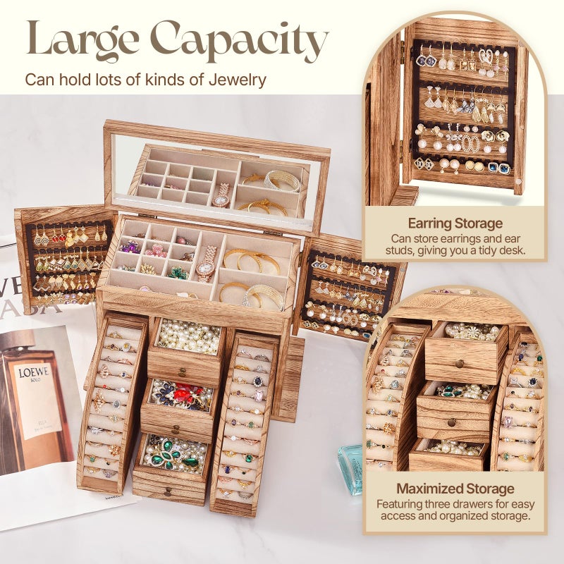 Poyilooo Jewelry Box Organizer, Solid Wood Jewelry Boxes fow Women with Mirror, Large Jewelry Organizer Box Display Earring Necklace Bracelet Ring, Rustic Style Small Jewelry Box for Girls - Image 5