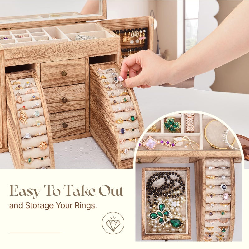 Poyilooo Jewelry Box Organizer, Solid Wood Jewelry Boxes fow Women with Mirror, Large Jewelry Organizer Box Display Earring Necklace Bracelet Ring, Rustic Style Small Jewelry Box for Girls - Image 4