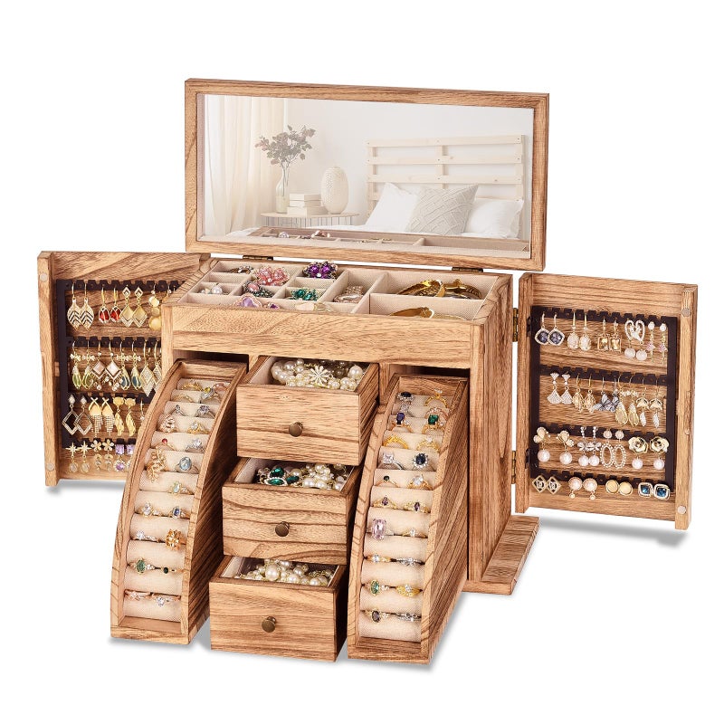 Poyilooo Jewelry Box Organizer, Solid Wood Jewelry Boxes fow Women with Mirror, Large Jewelry Organizer Box Display Earring Necklace Bracelet Ring, Rustic Style Small Jewelry Box for Girls - Image 1