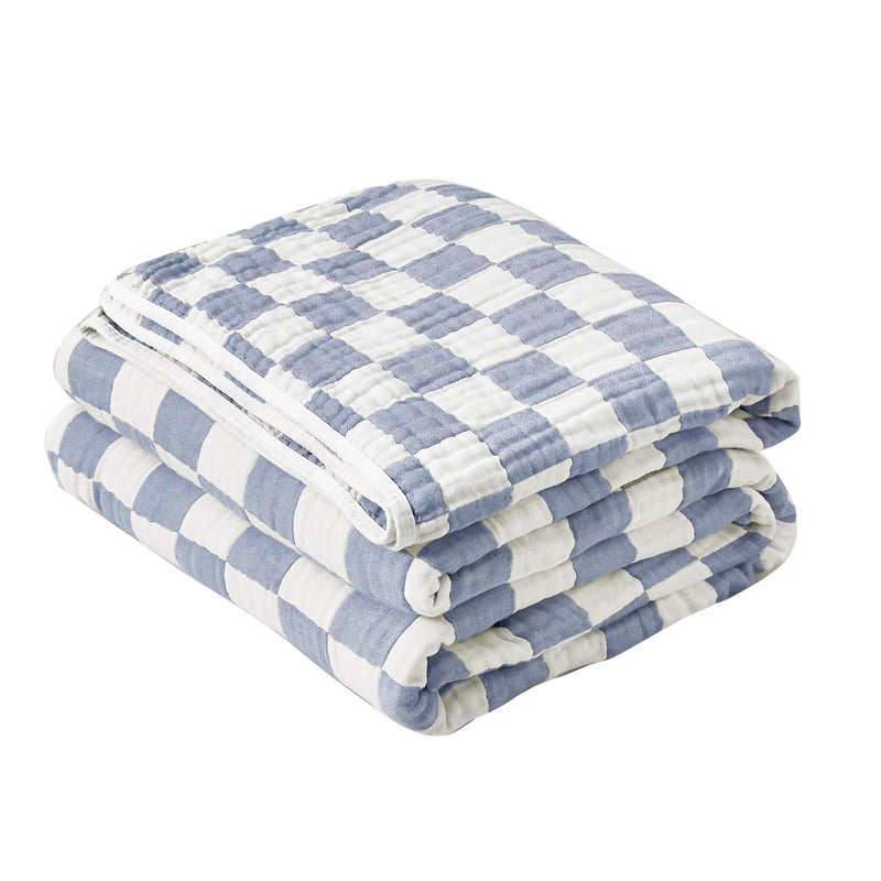SANACYNA 100% Cotton Throw Blanket 6-Layer Gauze Muslin Blanket Blue Grid Cooling Blanket Lightweight Soft and Breathable Blanket for Sofa Couch Gifts for Boys (Blue Checker, Throw 50"x60") - Image 1