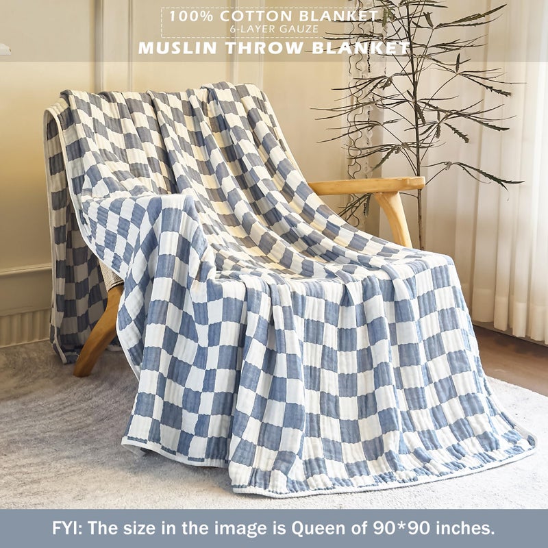 SANACYNA 100% Cotton Throw Blanket 6-Layer Gauze Muslin Blanket Blue Grid Cooling Blanket Lightweight Soft and Breathable Blanket for Sofa Couch Gifts for Boys (Blue Checker, Throw 50"x60") - Image 2