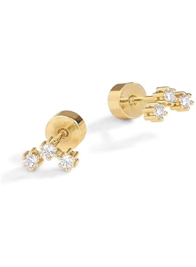 PAVOI 14K Gold Plated Sterling Silver Posts Mini Stud Flat Back Earrings for Women | Helix Cartilage Piercing Jewelry | Dainty Pearl Star Cluster Cubic Zirconia Lotus Climber Screw Backs  - Image 3