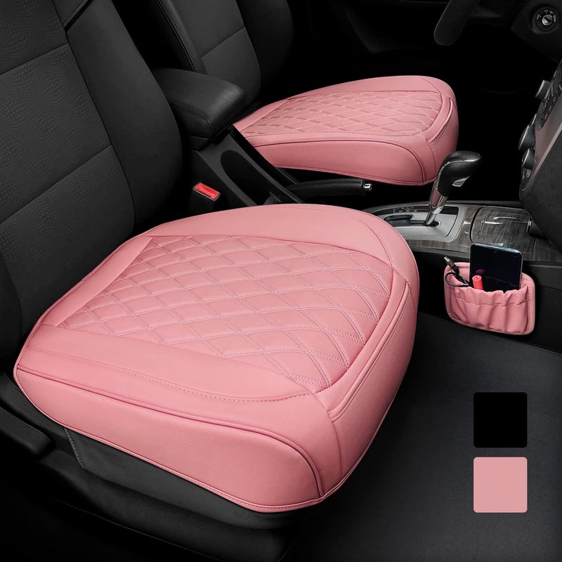 2 Pack Leather Front Car Seat Cover Bottom Car Seat AntiSlip and Full Wrap Driver Car Seat Protectors with Storage Pocket Luxury Waterproof Bottom Auto Seat Cushion Pad Mat for Most VehiclesPink
