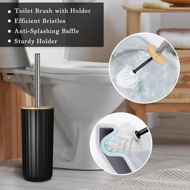 Kazenzo 6PCS Bathroom Accessories Set Bathroom DecorSoap Dispenser Plastic Bamboo Bath Ensemble Kit Lotion Dispenser Toothpaste Dispenser Toilet Brush Holder Trash Can Black - Image 4