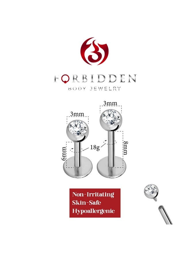 Forbidden Body Jewelry 18G 6Mm & 8Mm Internally Threaded Solid Titanium Tragus/Helix Earring/Labret Stud With 3Mm Cz Ball Top - Image 2