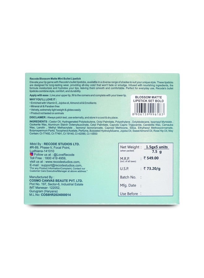 Recode Bold Blossom Matte Mini Bullet Lipstick Set Of 5(5 X 1.5 G) - Image 3