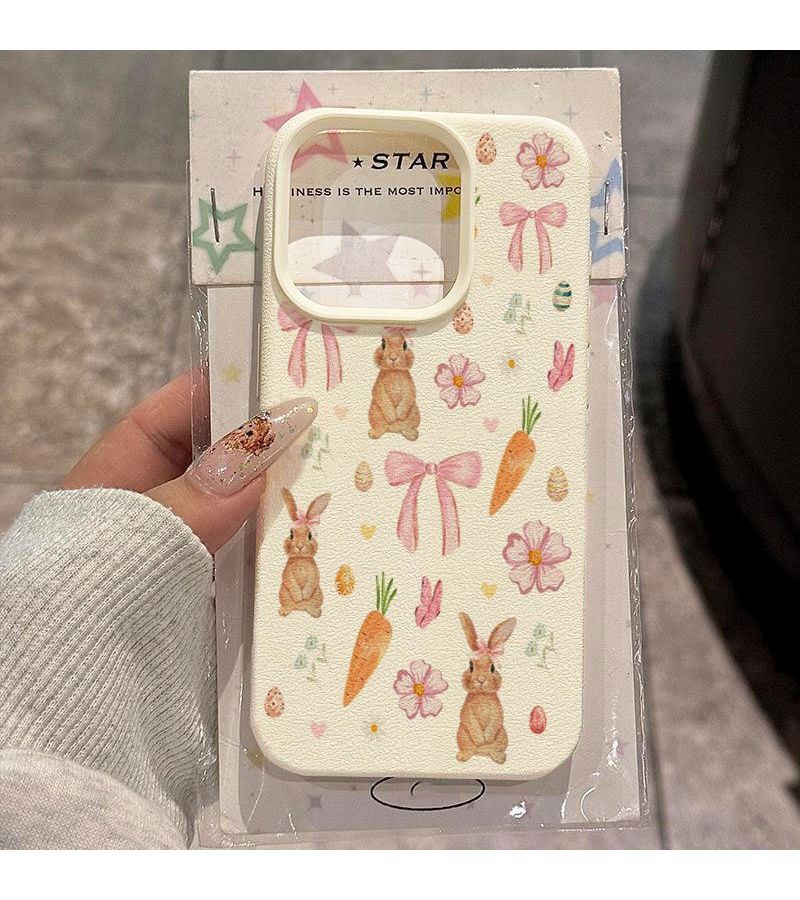 غطاء هاتف ملون مزيج 1 لـ iPhone 16 بنمط أرنب عيد الفصح والجزر، فتحة كبيرة، ملمس جلد صناعي، غطاء ناعم، حماية من السقوط، مقاوم للخدش، حماية للشاشة من الكسر. - Image 1