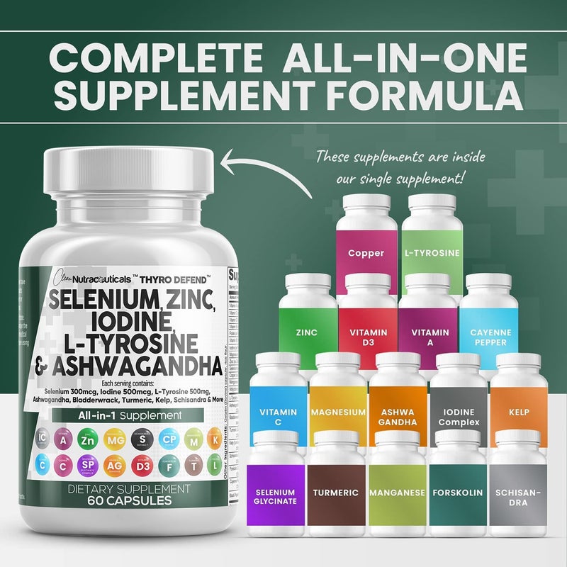 Clean Nutraceuticals Selenium 300mcg Zinc 50mg Iodine 500mcg L Tyrosine 500mg Ashwagandha - Thyroid Support Supplement for Women & Men w/Bladderwrack, Turmeric, Kelp, Schisandra - 60 Capsules - Image 2
