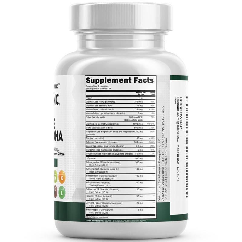 Clean Nutraceuticals Selenium 300mcg Zinc 50mg Iodine 500mcg L Tyrosine 500mg Ashwagandha - Thyroid Support Supplement for Women & Men w/Bladderwrack, Turmeric, Kelp, Schisandra - 60 Capsules - Image 3