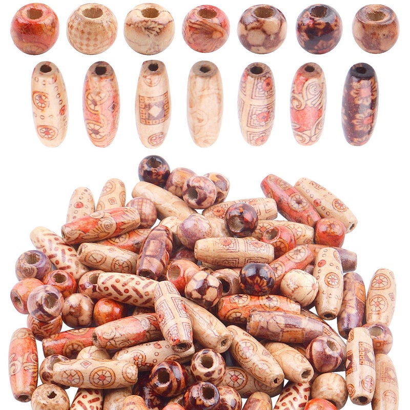 100 Pieces Round Printed Pattern Wooden Beads Oval Shape Wood Loose Spacer Beads for DIY Jewelry Making Hair Crafts 2 Sizes