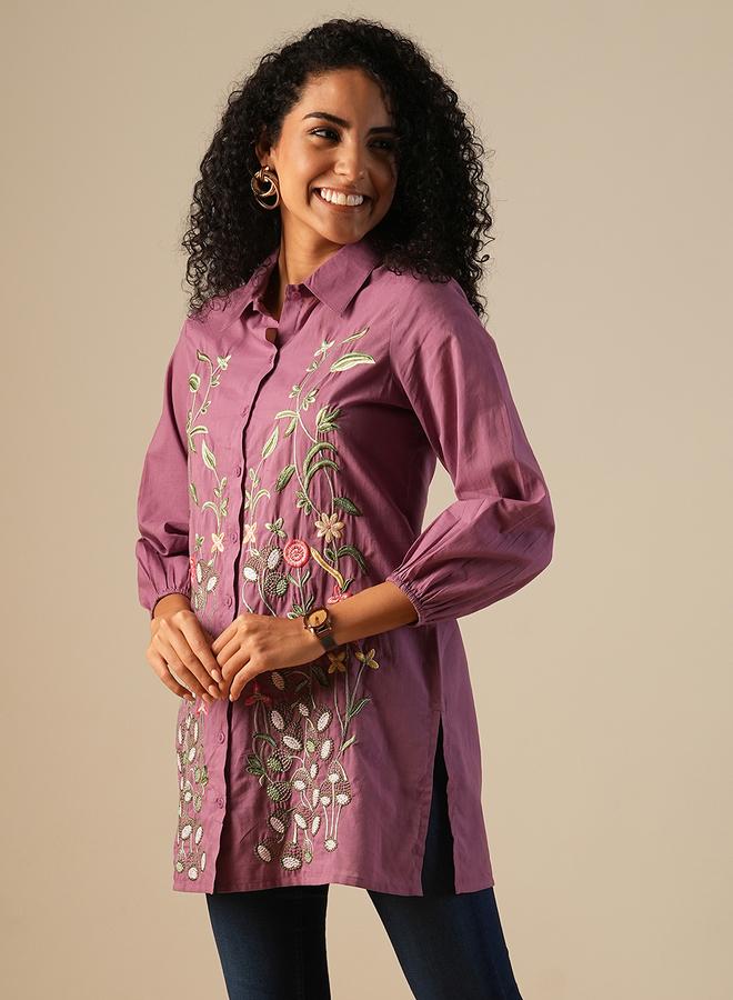 globus Women Purple Floral Embroidered A-Line Tunic - Image 1