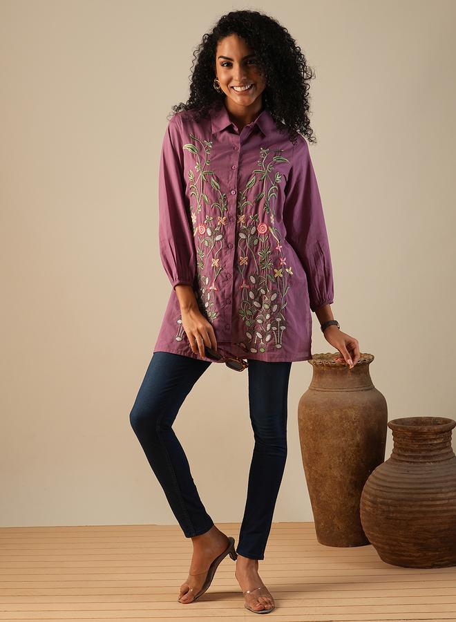 globus Women Purple Floral Embroidered A-Line Tunic - Image 4
