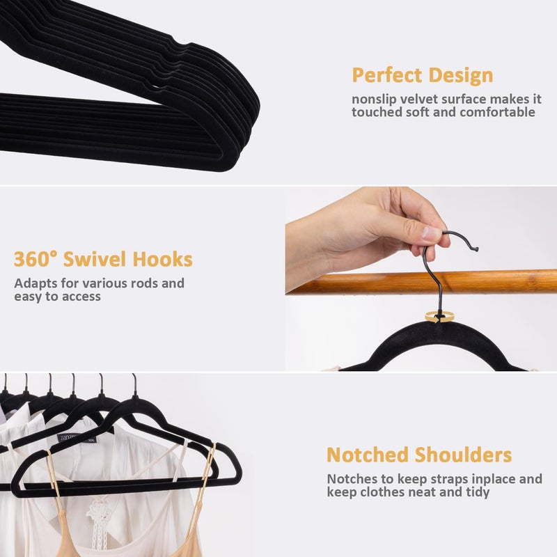 LMTrystFit Pack of 30 Velvet Hangers, Space-Saving Heavy Duty Clothes Hangers for Suit, Non-Slip, 0.2 Inches Slim, 17.7 Inches Wide, 360Â° Swivel Black Hook - Black - Image 3