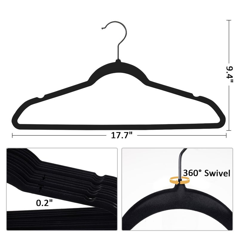 LMTrystFit Pack of 30 Velvet Hangers, Space-Saving Heavy Duty Clothes Hangers for Suit, Non-Slip, 0.2 Inches Slim, 17.7 Inches Wide, 360Â° Swivel Black Hook - Black - Image 2