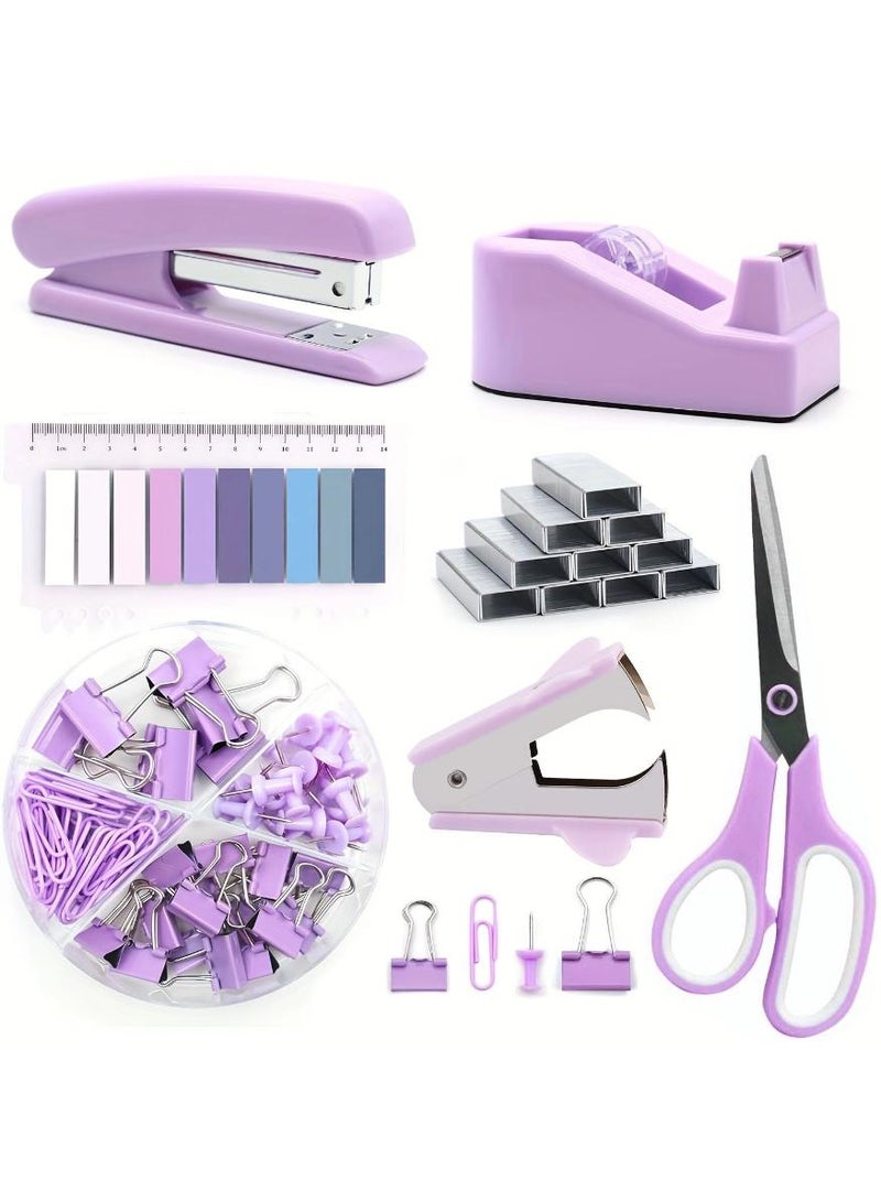 KHAJUL Office Supplies, Desk Accessories, Stapler and Tape Dispenser Set for Women with Stapler, Tape Dispenser, Staple Remover, Staples, Clips, Scissor and Tabs,Gift for Students, Coworkers (Purple) 