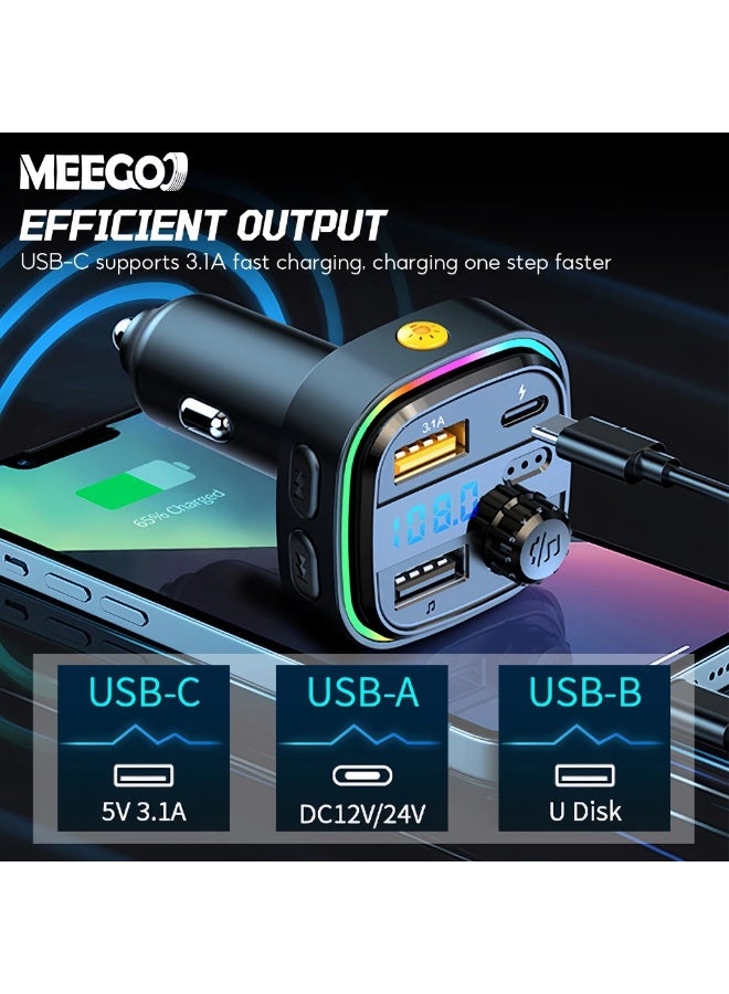 Meegoo جهاز إرسال إف إم للسيارة MeeGoo بتقنية بلوتوث 5.3 مع شاحن سريع ومراقب جهد وإضاءة محيطة - Image 3