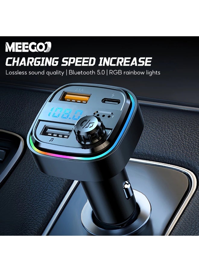 Meegoo جهاز إرسال إف إم للسيارة MeeGoo بتقنية بلوتوث 5.3 مع شاحن سريع ومراقب جهد وإضاءة محيطة - Image 2