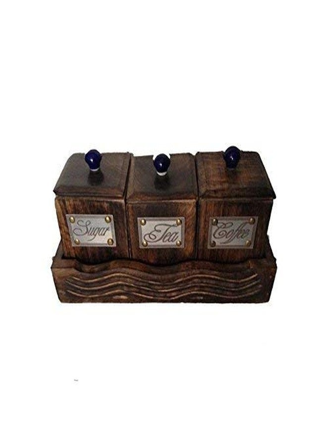Giftoshopee Three Container Set Tea Cofee Sugar with Wooden Tray