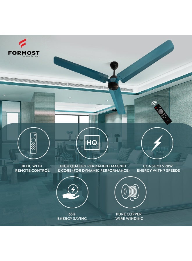 FORMOST FORMOST BLDC Ceiling Fan 1400mm/52 inch with Remote, 28W - Upto 65% Energy Saving, 7 Speed, Modern Designer Fan for Home/Office/Cabin (Blue, Pack of 1)  - Image 3