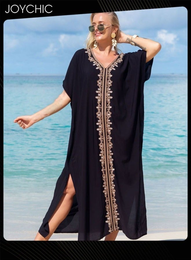 Joychic غطاء شاطئي صيفي نسائي بطباعة عرقية بأكمام قصيرة فضفاضة صديقة للبشرة وقابلة للتنفس على شكل حرف V - Image 1