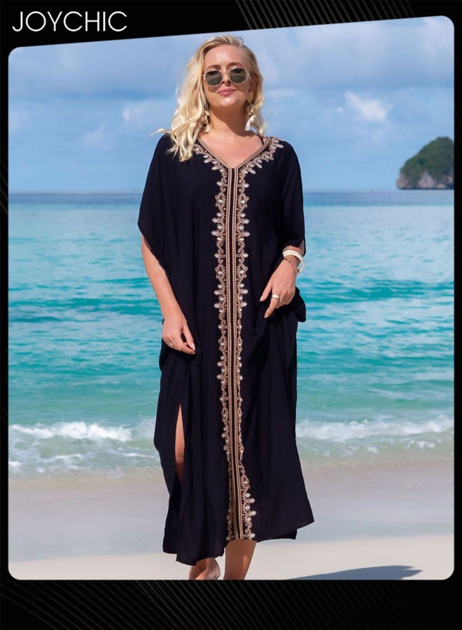 Joychic غطاء شاطئي صيفي نسائي بطباعة عرقية بأكمام قصيرة فضفاضة صديقة للبشرة وقابلة للتنفس على شكل حرف V - Image 2