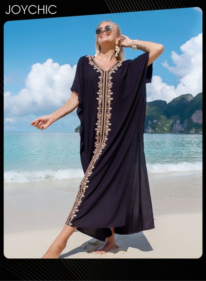 Joychic غطاء شاطئي صيفي نسائي بطباعة عرقية بأكمام قصيرة فضفاضة صديقة للبشرة وقابلة للتنفس على شكل حرف V - Image 3