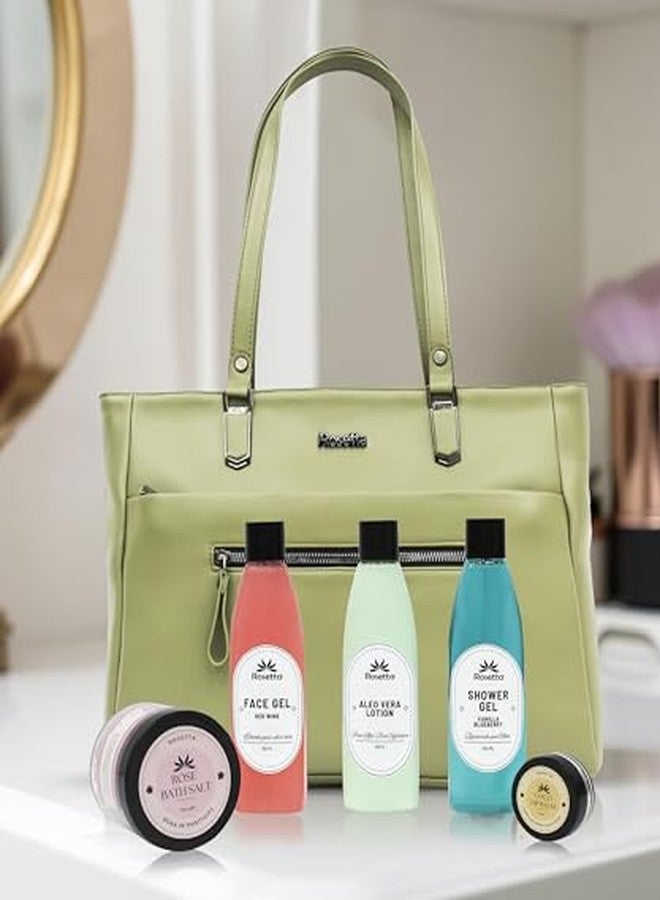 روزيتا حقيبة يد نسائية من روزيتا مع مجموعة هدايا للعناية بالبشرة بالأعشاب | حقيبة كتف من الجلد النباتي مع جل للوجه، جل استحمام، لوشن الصبار، وملح استحمام | هدية مثالية للنساء (لون زيتوني) - Image 1