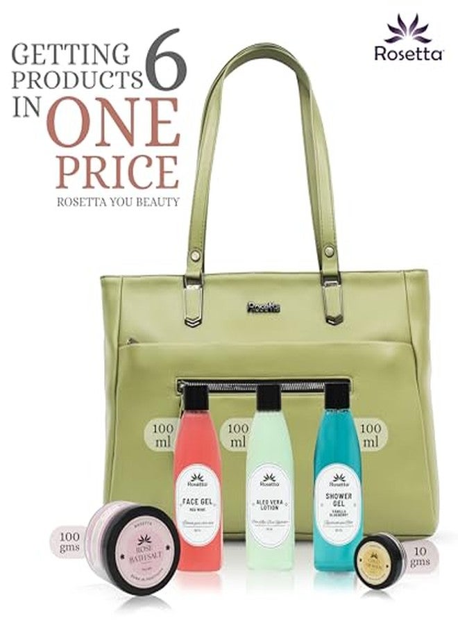 روزيتا حقيبة يد نسائية من روزيتا مع مجموعة هدايا للعناية بالبشرة بالأعشاب | حقيبة كتف من الجلد النباتي مع جل للوجه، جل استحمام، لوشن الصبار، وملح استحمام | هدية مثالية للنساء (لون زيتوني) - Image 4