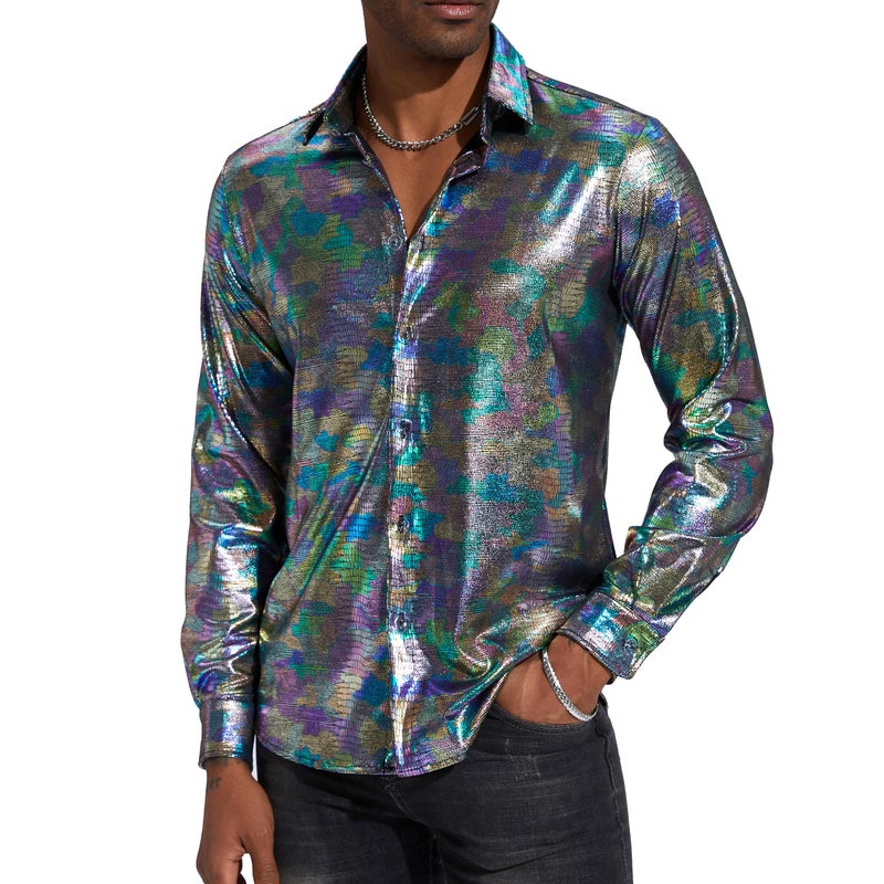 Pixiemain Mens 70s 60s Disco Shirt Metallic Party Costume Long Sleeve Button Down Shirts-A M - Image 1