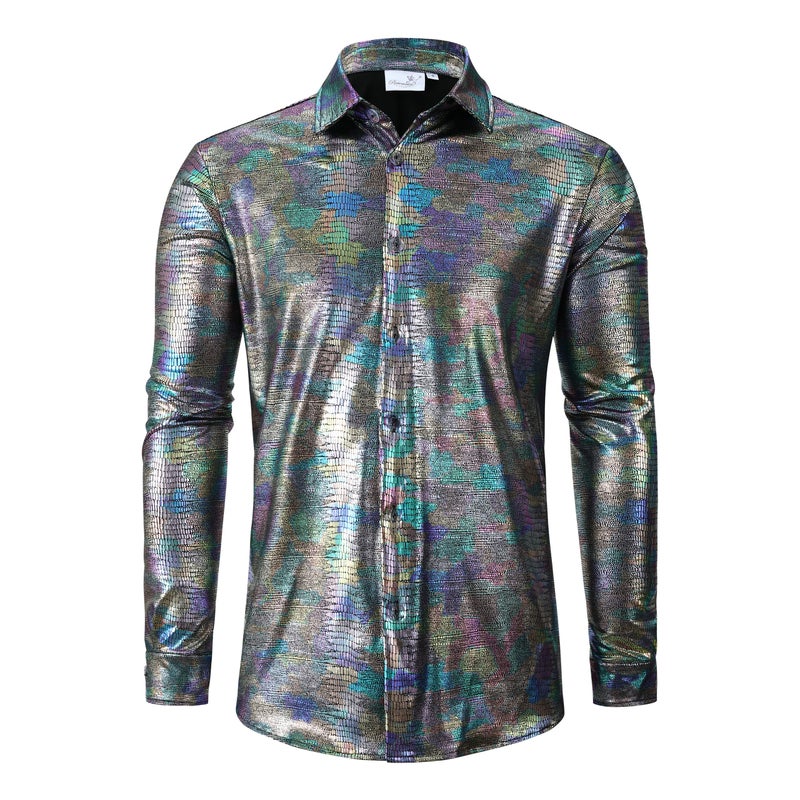 Pixiemain Mens 70s 60s Disco Shirt Metallic Party Costume Long Sleeve Button Down Shirts-A M - Image 3