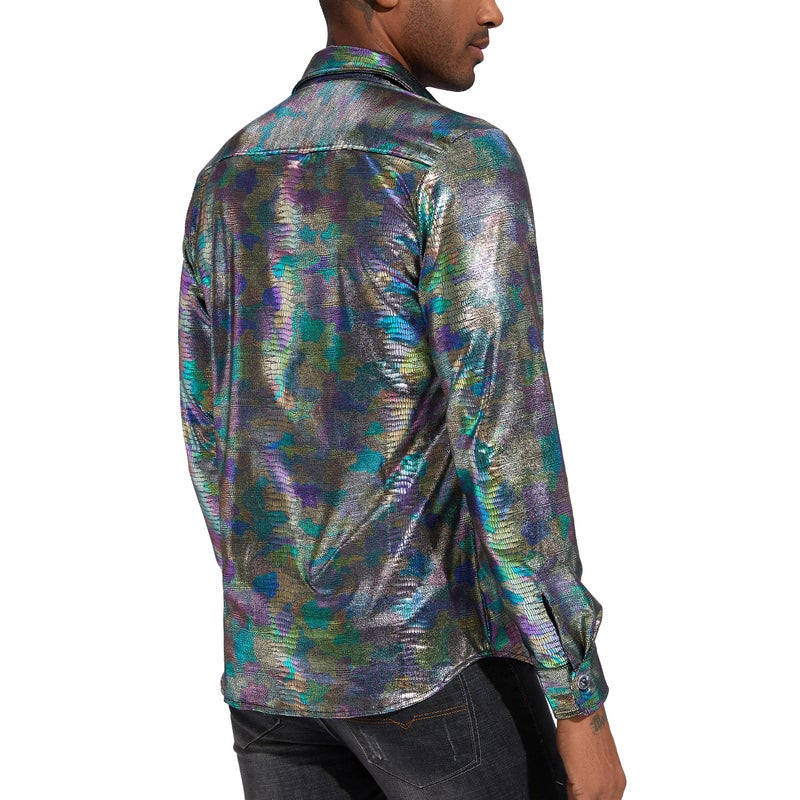 Pixiemain Mens 70s 60s Disco Shirt Metallic Party Costume Long Sleeve Button Down Shirts-A M - Image 2