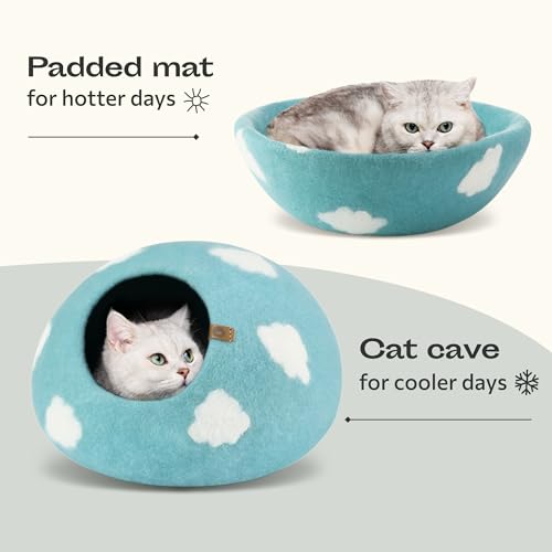 MEOWFIA Cat Cave – Premium Felt Cat Bed for Indoor Cats, Handmade Merino Wool (Cloud Nap Blue, Medium) - Image 4