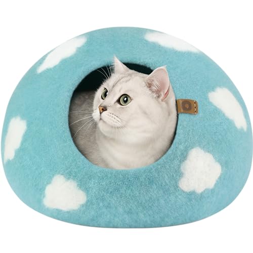 MEOWFIA Cat Cave – Premium Felt Cat Bed for Indoor Cats, Handmade Merino Wool (Cloud Nap Blue, Medium) - Image 1