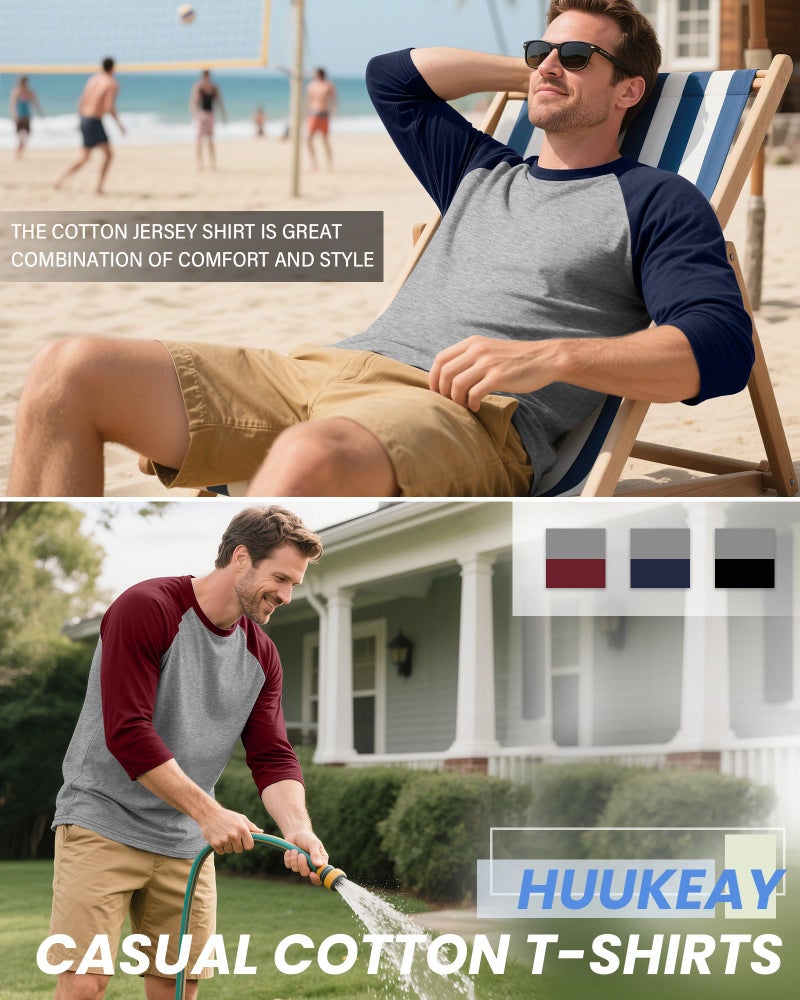 Huukeay هوكي 3 قطع قمصان رجالية بأكمام 3/4 برقبة مستديرة وقمصان بيسبول تي شيرتات رياضية تمتص الرطوبة (رمادي فاتح/أسود، رمادي فاتح/أزرق بحري، رمادي فاتح/كلاريت،XX-Large) - Image 4