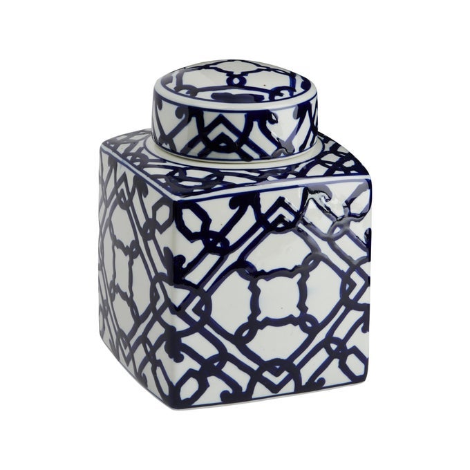 CREATIVE COOP BLUE WHITE CERAMIC GINGER JAR WITH LID