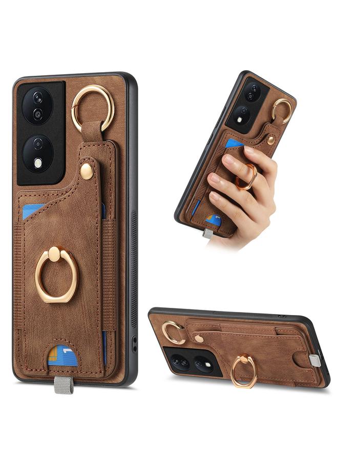 Green Tiger For Honor X7b Retro Skin-feel Ring Card Bag Phone Case with Hang Loop(Brown)
