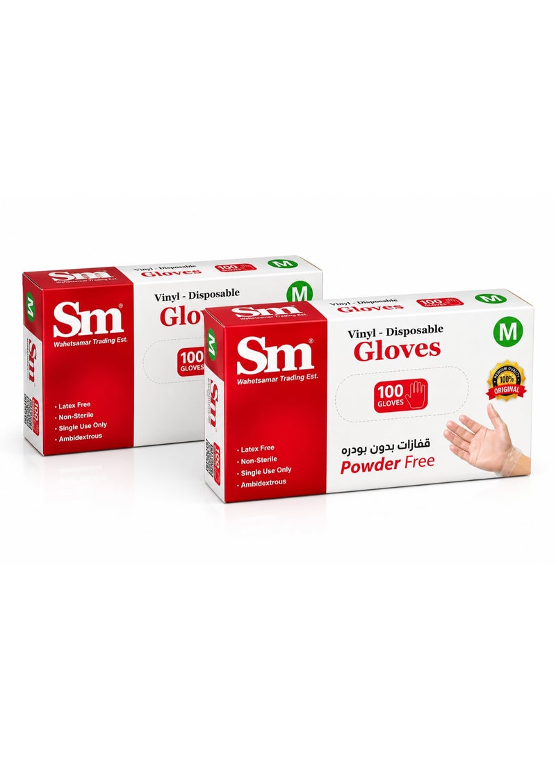 SM 2 Boxes Clear Vinyl Disposable Gloves, Powder-Free, 100 Gloves per Box (200 Gloves Total), Size M, Latex-Free, Single Use for Medical, Food Handling & Household Use - Image 1