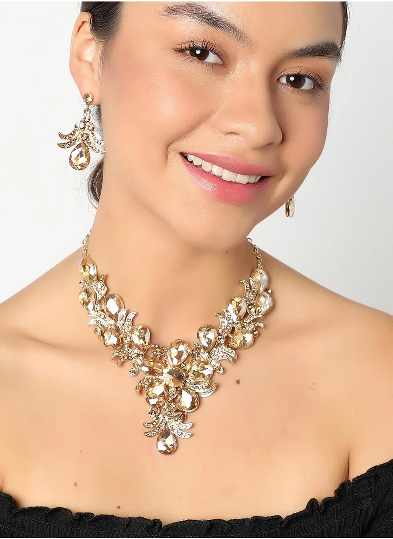 SOHI Gold-Coloured Stones Necklace & Earrings Set