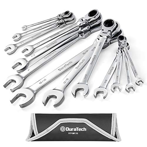 DURATECH FlexHead Ratcheting Combination Wrench Set SAE 13piece 516 to 1 CRV Steel with Rolling Pouch