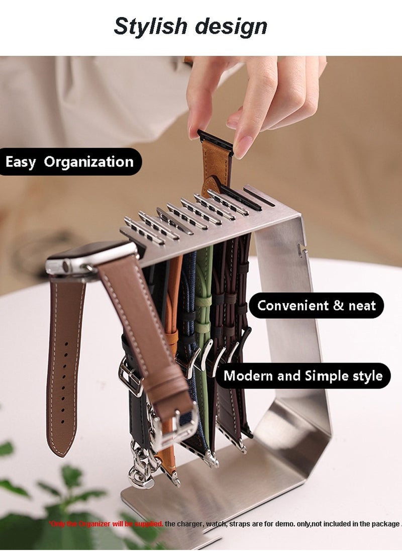 Generic - 2 IN 1 Watch Band Organizer and Charging Dock Stand, Compatible with Apple Watch all series, Stainless Steel iWatch Strap Storage Rack, Silver - Image 1