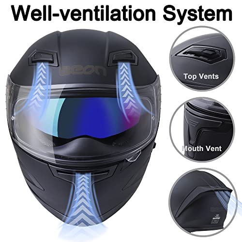 BEON Full Face Motorcycle Helmet, Street Bike Helmet with Clear&Tinted Visors and Multiple Vents, Motocross Casco DOT Approved for Adult Men Women, S-XL (L, Matte Black) - Image 4