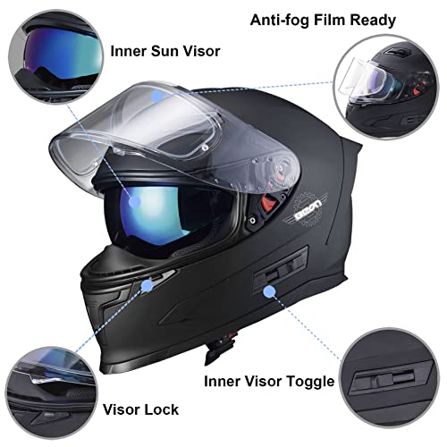 BEON Full Face Motorcycle Helmet, Street Bike Helmet with Clear&Tinted Visors and Multiple Vents, Motocross Casco DOT Approved for Adult Men Women, S-XL (L, Matte Black) - Image 5