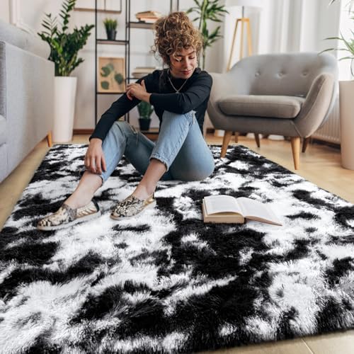 EVOIONOS Area Rug for Bedroom Living Room, Machine Washable 4x6 Fluffy Shag Rug, Soft Plush Non Slip Carpet for Indoor Floor Bedside Nursery Kids Room, Home Decor Aesthetic, Tie-Dyed Black and White - Image 1