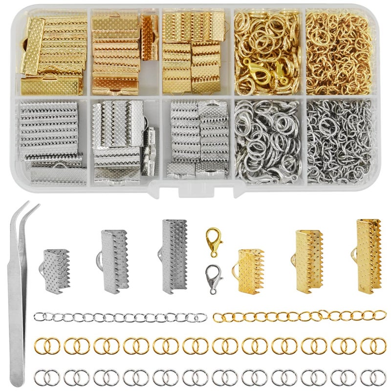 Renashed 373Pcs Ribbon Bracelet Kit for Jewelry Making Ribbon End Crimps Lobster Clasps Awith Jump Rings and Chain Extenders for DIY Making Bookmark Pinch Bracelet Choker Necklace (Gold and Silver) - Image 1