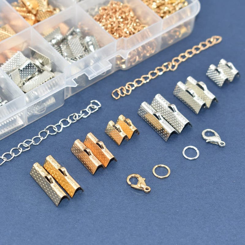 Renashed 373Pcs Ribbon Bracelet Kit for Jewelry Making Ribbon End Crimps Lobster Clasps Awith Jump Rings and Chain Extenders for DIY Making Bookmark Pinch Bracelet Choker Necklace (Gold and Silver) - Image 5