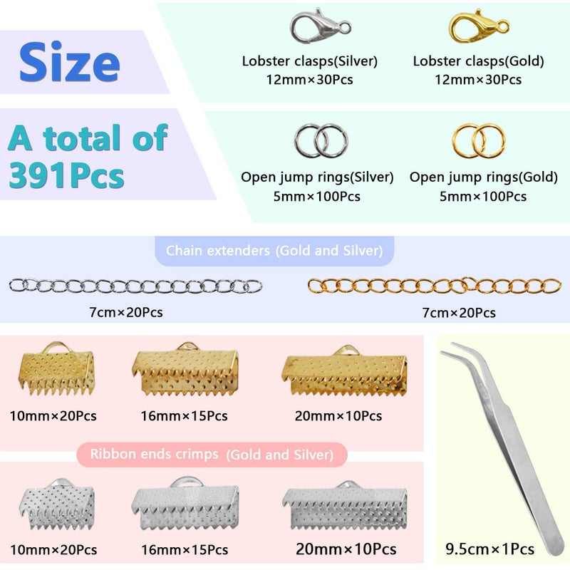Renashed 373Pcs Ribbon Bracelet Kit for Jewelry Making Ribbon End Crimps Lobster Clasps Awith Jump Rings and Chain Extenders for DIY Making Bookmark Pinch Bracelet Choker Necklace (Gold and Silver) - Image 2
